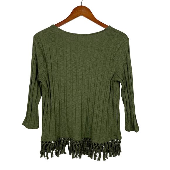 Eri + Ali Anthropologie Sweater Green Pullover Fringe 3/4 Sleeve Women's M Boho - Picture 2 of 6